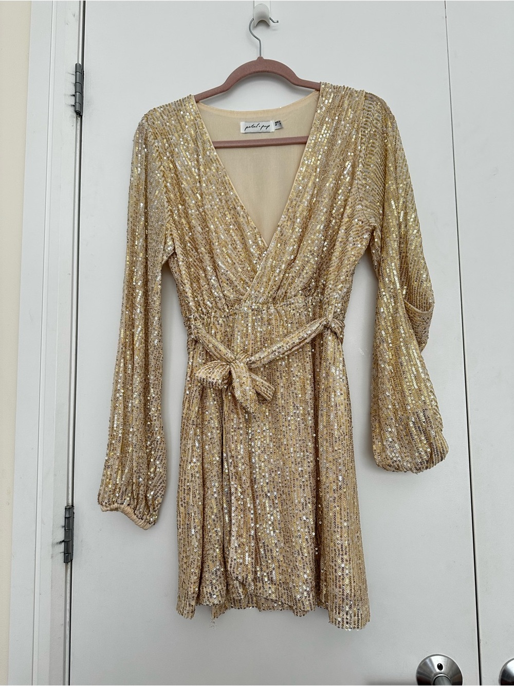 Petal & Pup Gold Sequin Wrap Dress with Waist Tie